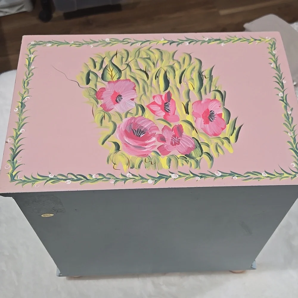 Hand painted jewelry chest blue, pink, yea, gold, peach